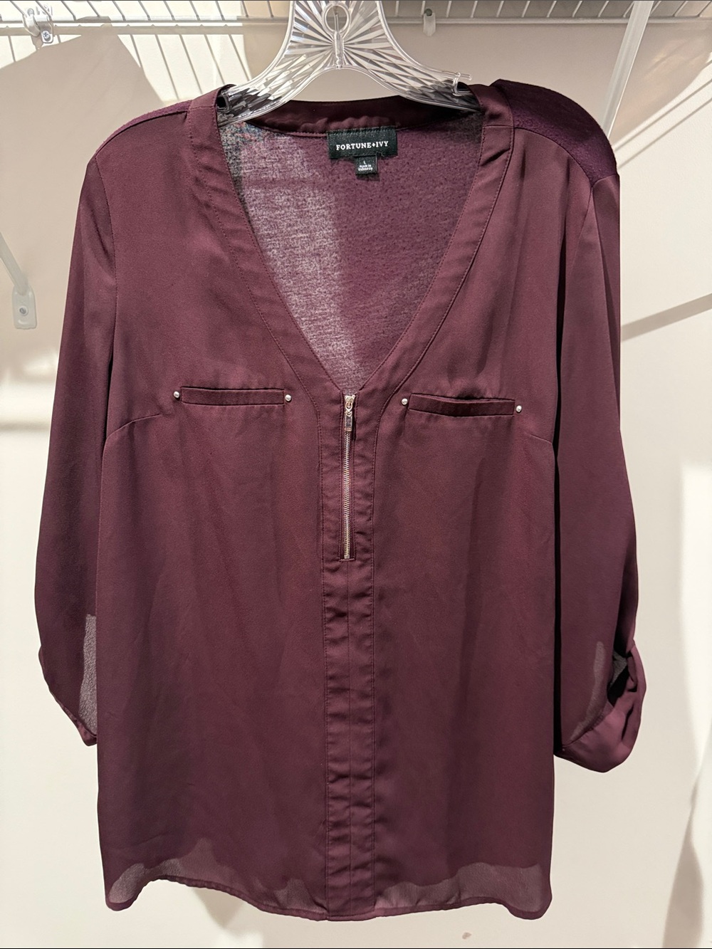 Fortune + Ivy Deep Plum Zip-Front V-Neck Blouse